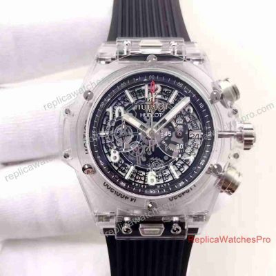 Knockoff Baselworld Hublot Big Bang Unico Sapphire Black Rubber All Transparent Case Wrist Watch